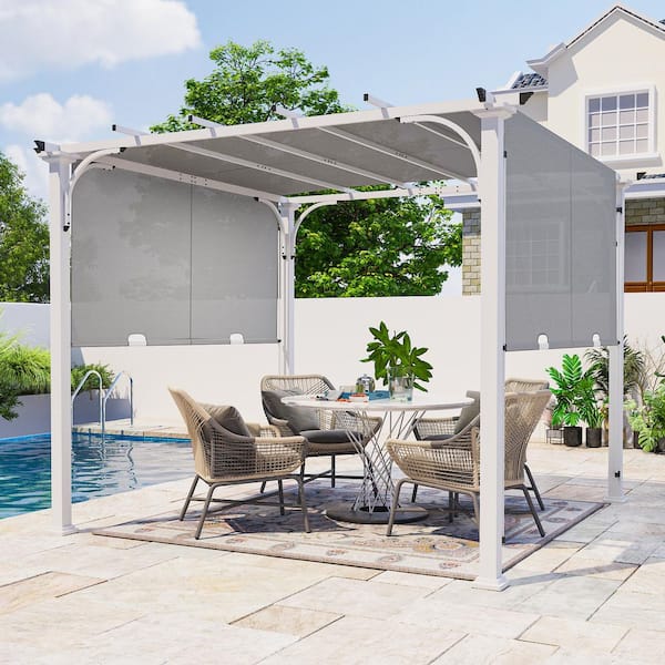 10 ft. x 10 ft. White Steel Flat Pergola with Gray Shade Canopy