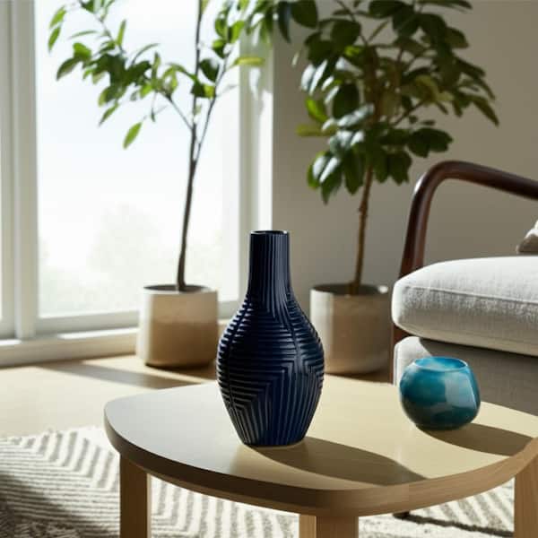 16 in. Navy Blue Stoneware Cylinder Striped Tribal Decorative Vase
