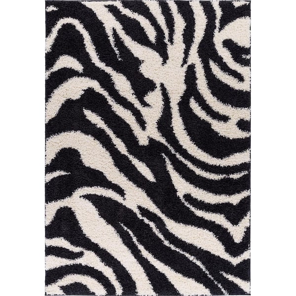 Madison Shag Safari Zebra Black 3 ft. x 5 ft. Contemporary Geometric Area Rug