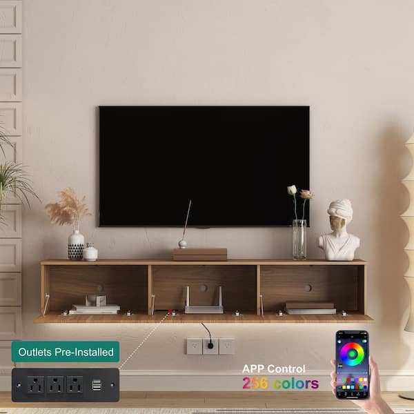 69 in. W x 11.8 in. D Brown MDF Wood Floating TV Stand Shelves Decorative Wall Shelf with Lights and Power Outlet