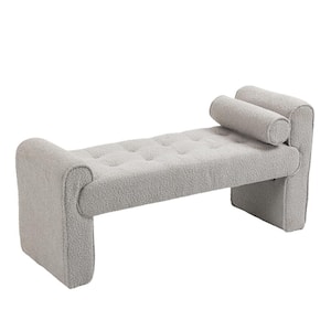 Modern Light Gray Boucle Upholstered Bedroom Bench with Pillows