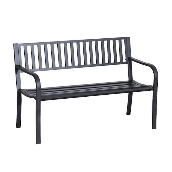 ECOCHIC SPACES INC 50 in. Black Steel Outdoor Garden Bench, Patio Bench, with Armrests, Slatted Seat, Metal Porch Bench and backrest