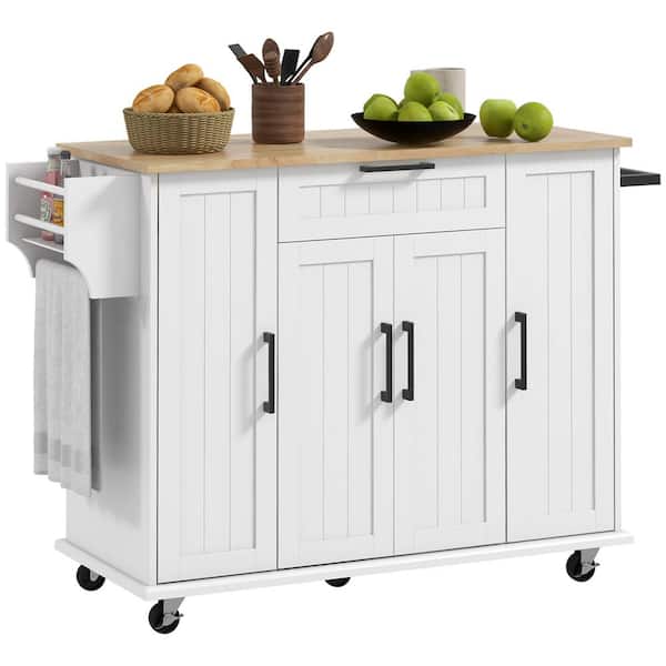 Unbranded White Wood 52.00 in. Kitchen Island with Drawers Rubberwood Top, Drawer, Spice Rack, Towel Rack