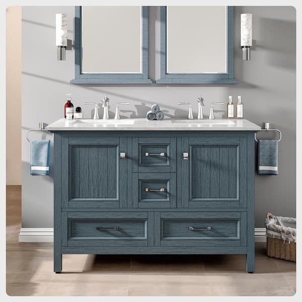 Eviva Britney 48 in. W x 22 in. D x 34 in. H Double Bath Vanity in Ash Blue with White Carrara Marble Top with White Sinks