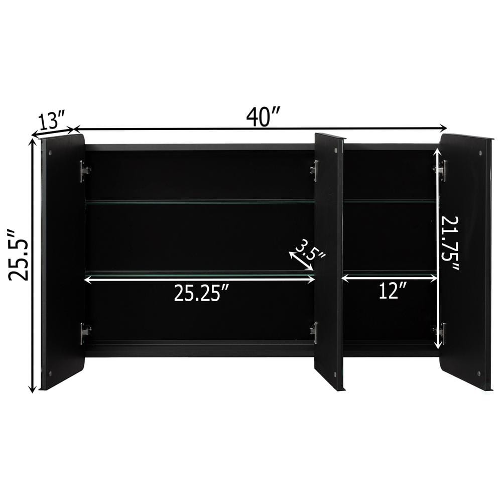 Matte Black Aluminum 3-Door Medicine Cabinet with Adjustable Glass Shelves