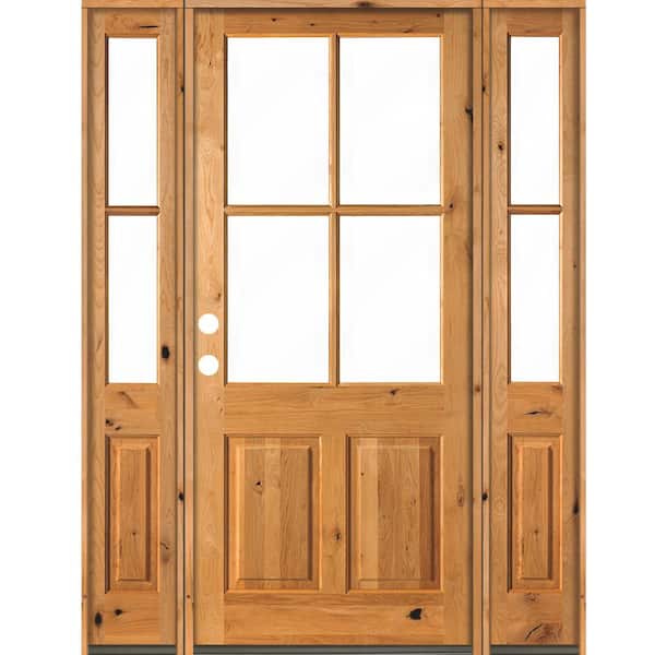Krosswood Doors 64 in. x 96 in. Knotty Alder Right-Hand/Inswing 4-Lite Clear Glass Clear Stain Wood Prehung Front Door/Double Sidelite