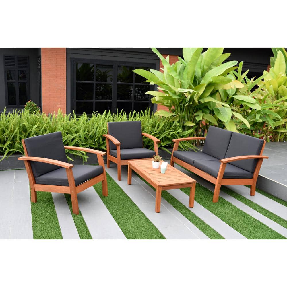 Ia Giles 4 Piece Eucalyptus Patio, Wood Outdoor Furniture With Black Cushions
