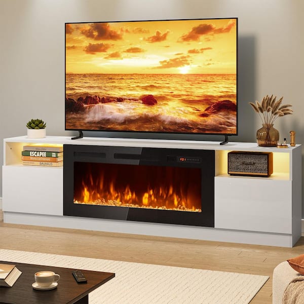 80 in. Freestanding Electric Fireplace TV Stand Fits TV's Up to 70 in. with Open Storage Shelves in White