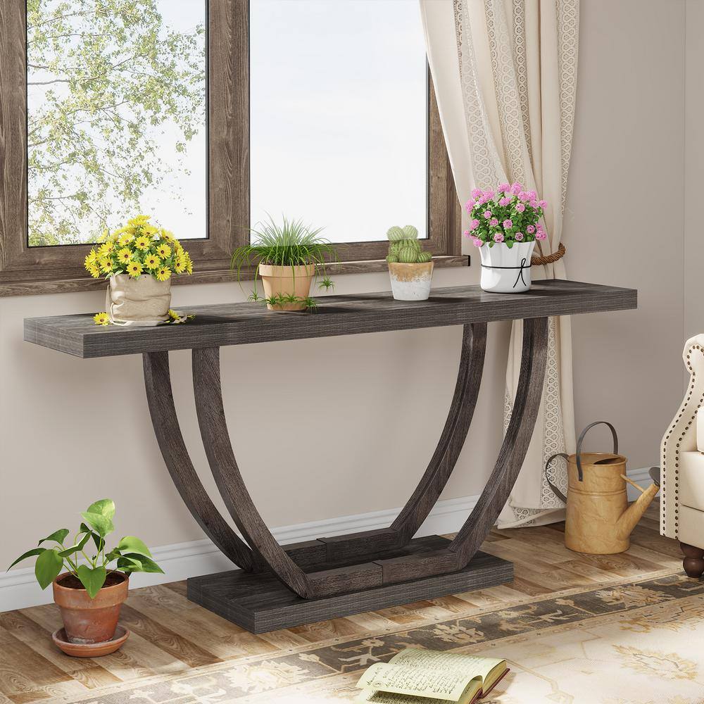 Gray 63-Inch Farmhouse Wood and Metal Console Table with Storage