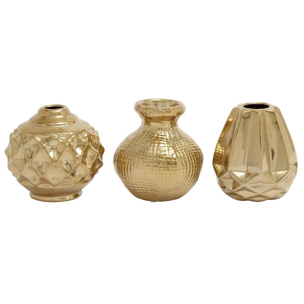 Gold Ceramic Decorative Vases with Varying Patterns, Set of 3