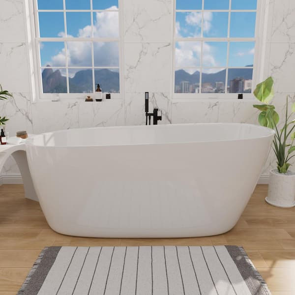 Classic 59 in. Acrylic Single Slipper Freestanding Flatbottom Not Whirlpool Bathtub Soaking Spa Tub in Glossy White