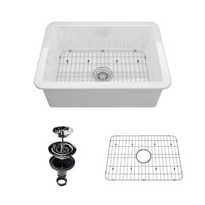 27 in. Drop-In/Undermount Single Bowl White Fine Fireclay Kitchen Sink Whth Accessories
