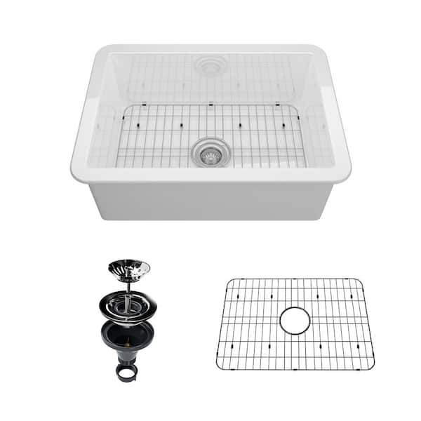 VANITYFUS 27 in. Drop-In/Undermount Single Bowl White Fine Fireclay Kitchen Sink Whth Accessories