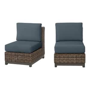 Fernlake Brown Wicker Armless Middle Outdoor Patio Sectional Chair with Sunbrella Denim Blue Cushions (2-Pack)