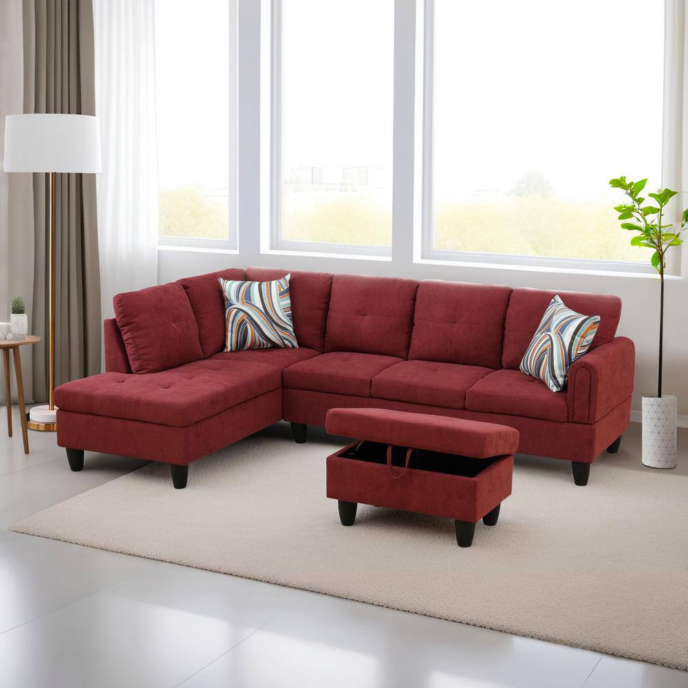 Red Flannel Polyester Blend Storage Ottoman with Solid Wood Frame