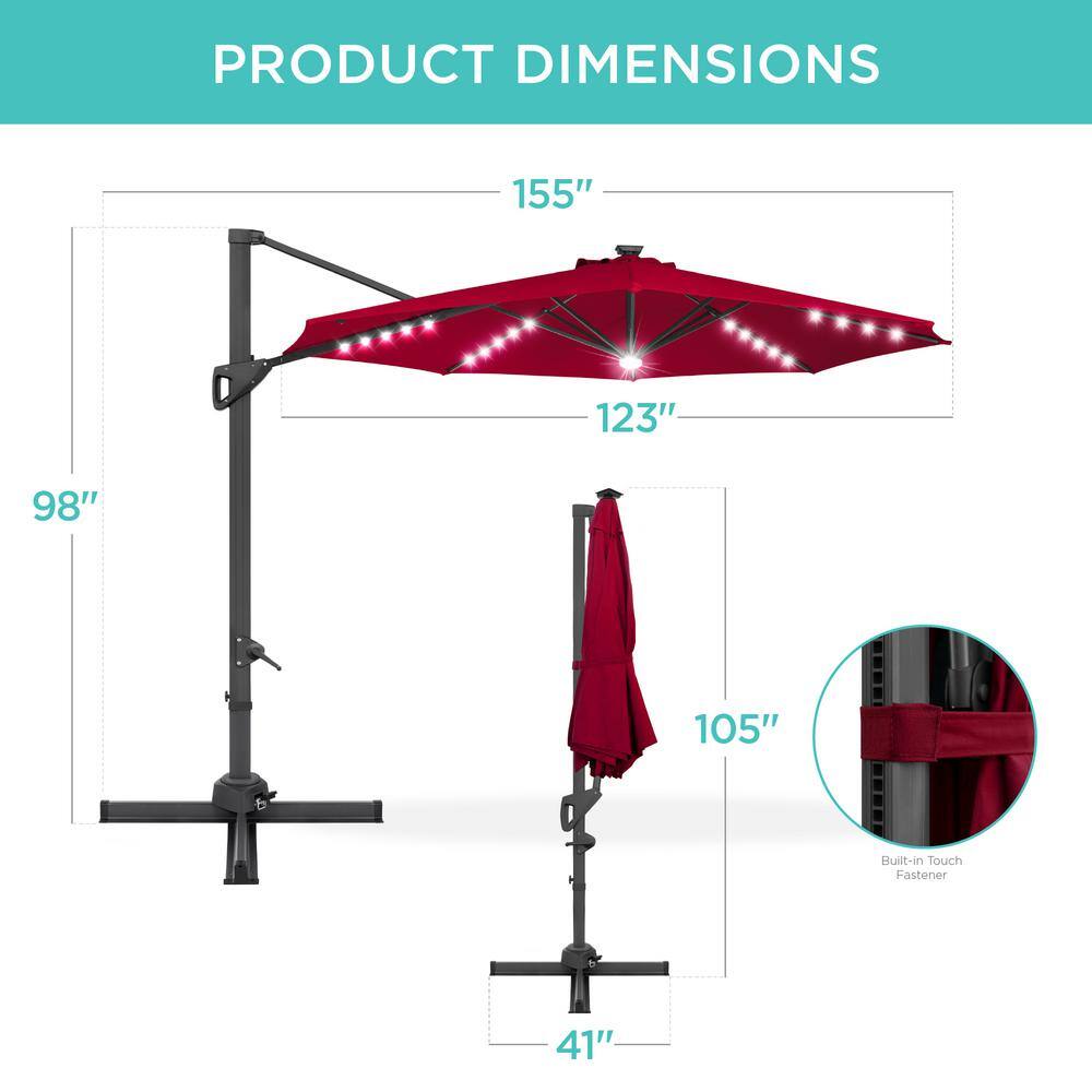 Burgundy 10ft Solar LED Cantilever Patio Umbrella with Cross Base