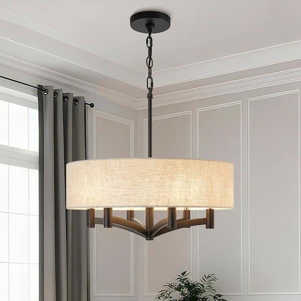6-Light Black Lantern Pendant Chandelier, Fabric Shade, Sloped Ceiling Adaptable, for Living Room, Dining Room Light