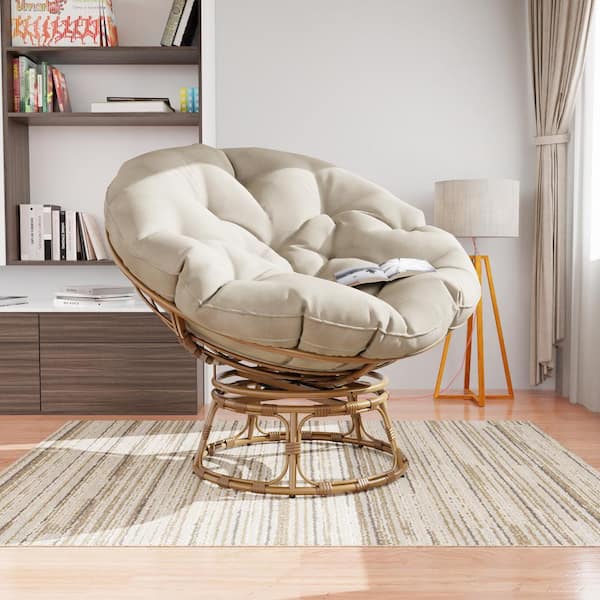 All-Weather Swivel Wicker Outdoor Patio Papasan Lounge Chair with Beige Cushion