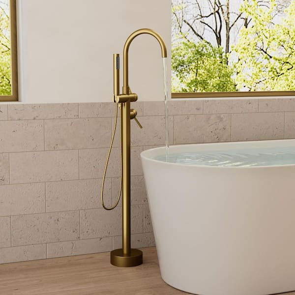 Double Handles Floor Mounted Free Standing Tub Faucets with Hand Shower in Brushed Gold (Valve Included)