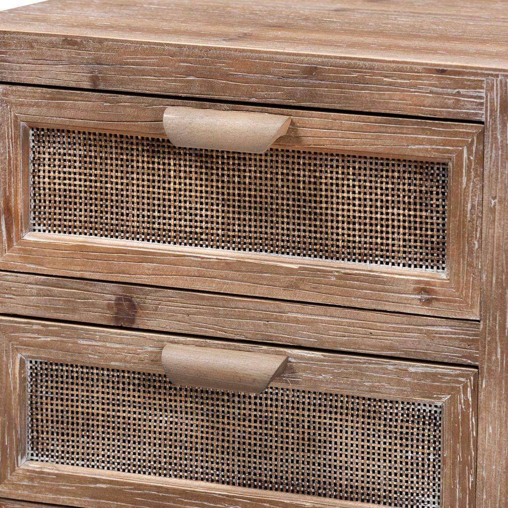 Calida Whitewashed Brown Wood and Rattan 2-Drawer Nightstand