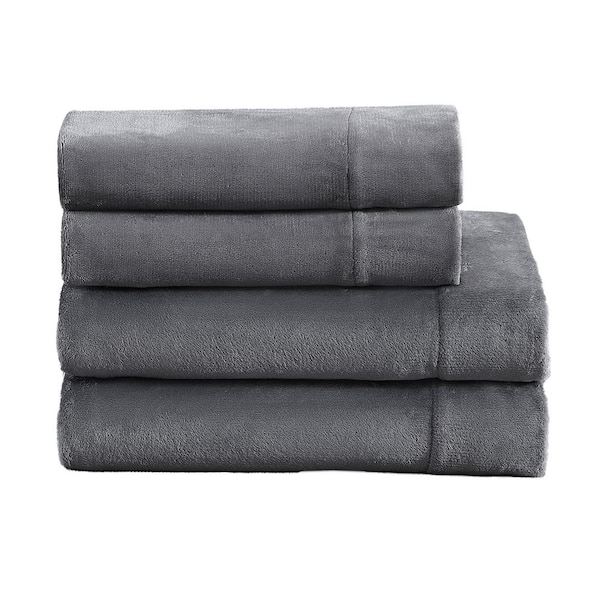 JUICY COUTURE 4-Piece Gray Plush Microfiber King Sheet Set