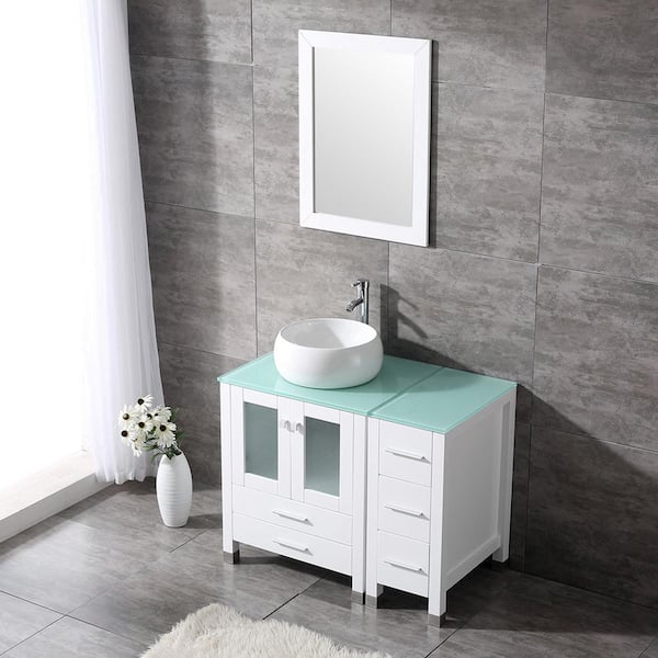 36.4 in. W x 21.7 in. D x 60 in. H Single Sink Bath Vanity in White with Glass Countertop and Round Bowl and Mirror