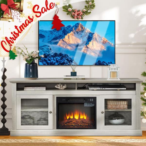 60 in. Freestanding TV Stand in Gray with 18 in. Fireplace Insert, Classic American Design, Open, Closed Storage