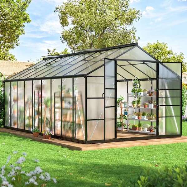 NETAJE 10 ft W x 18 ft D Black Polycarbonate Greenhouse with Quick