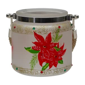 4 in. Red Hand-Painted Poinsettias and Gold Flameless Glass Christmas Candle Holder