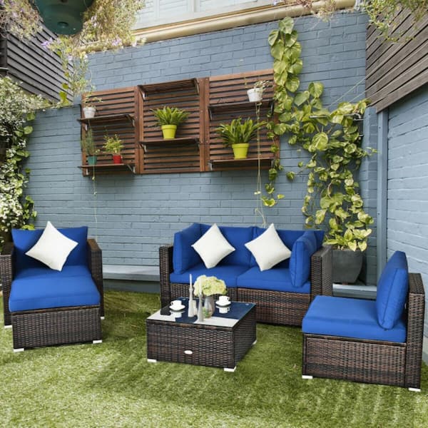 Clihome 6-Piece Wicker Outdoor Patio Conversation Set Rattan Furniture Sofa Set with Blue Sectional Cushions