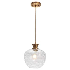 1-Light Brass Adjustable Hanging Pendant Light with Water Ripple Class Shaded for Living Room, No Bulbs Included