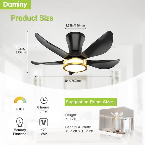 30 in. Indoor Black 5 Blade Ceiling Fan with Light, Modern Ceiling Fan with Remote for Bedroom Ceiling Fan