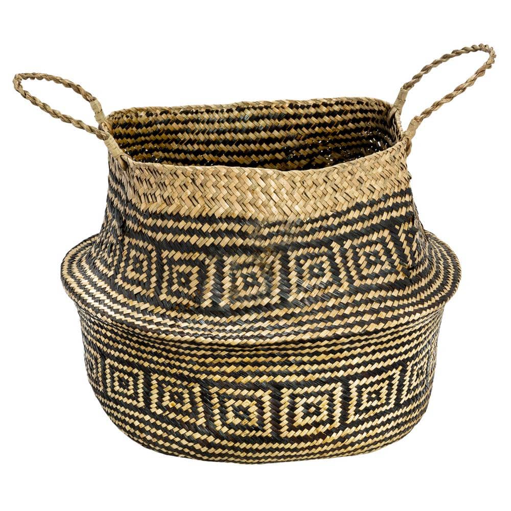 Modern Round Seagrass Folding Storage Baskets, Black & Natural