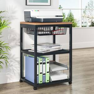 Bernise Rustic Brown and Black Mobile Printer Stand with 3-Tier Open Storage and Metal Drawer