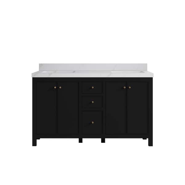 Willow Collections Chicago 60 in. W x 22 in. D x 36 in. H Double Sink Bath Vanity in Black with 2 in. Calacatta Sienna Qt. Top