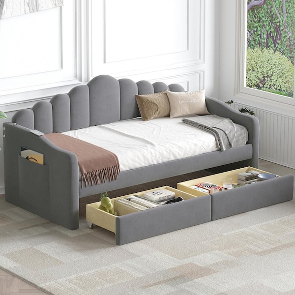 Harper & Bright Designs Gray Wood Twin Size Velvet Upholstered Daybed with Channel-Tufted Backrest, 2-Drawers, 2-Side Pockets, 2 USB Ports