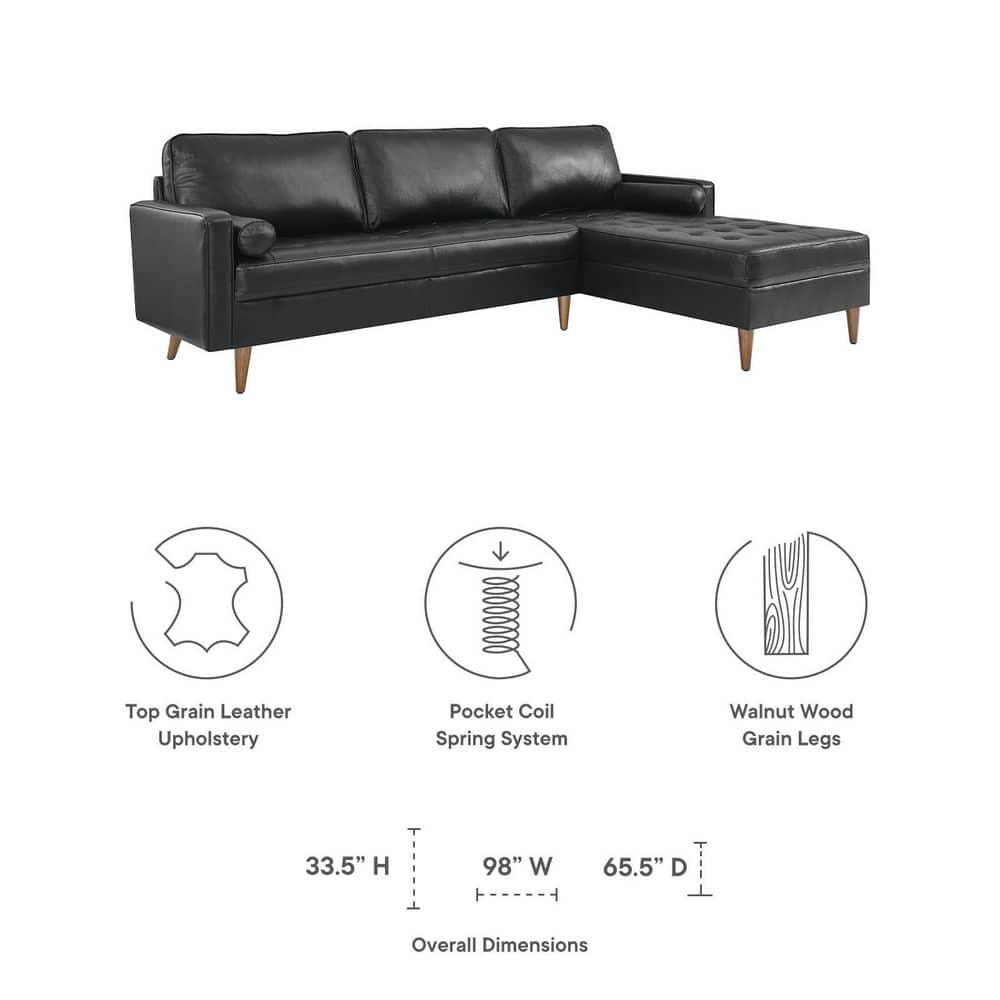 Valour Black Tufted Faux Leather Sectional Sofa with Wood Legs