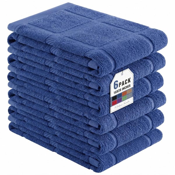 Navy Blue Terry Grid 100% Cotton Kitchen Towels, Soft Absorbent Utility Hand Towels Set of 6, 18 in x 28 in