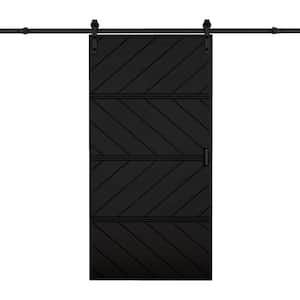 42 in. x 84 in. Paneled 4-Segments Wave Design Black MDF Sliding Barn Door Slab with Installation Hardware Kit