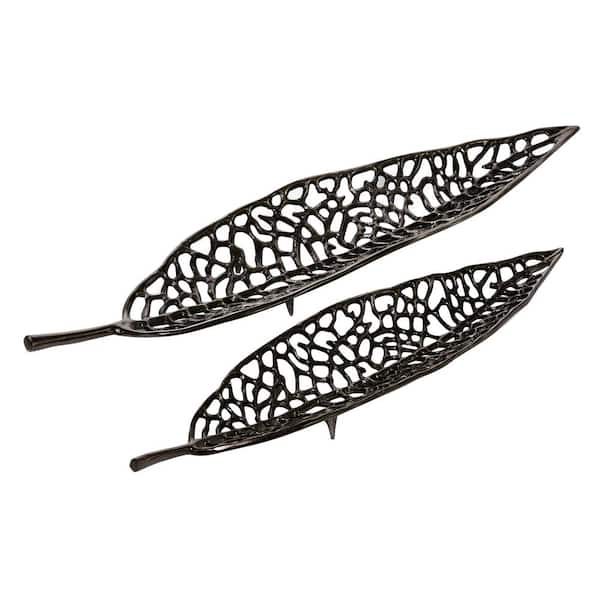 Litton Lane Black Aluminum Leaf Decorative Tray (Set of 2)