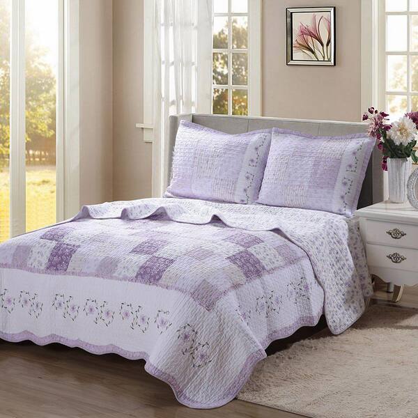 ~ COZY COUNTRY CHIC SOFT PURPLE LILAC LAVENDER GREEN WHITE FLORAL QUILT SET NEW 