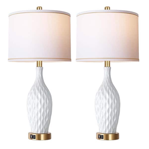 Unbranded 2-Pack 27 in. H White Table Lamp with USB Ports and 3-Way Dimmable Touch Control Modern Ceramic Nightstand Lamp