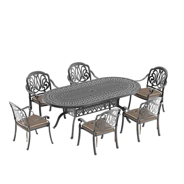 7-Piece Black Cast Aluminum Patio Outdoor Dining Set with Oval Table and 6 Chairs with Brown Cushions