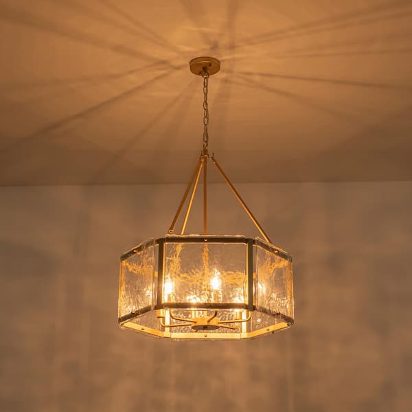 Dvorakova 24.02 in. 6-Light Gold Lantern Drum Chandelier with Water Ripple Glass Shade