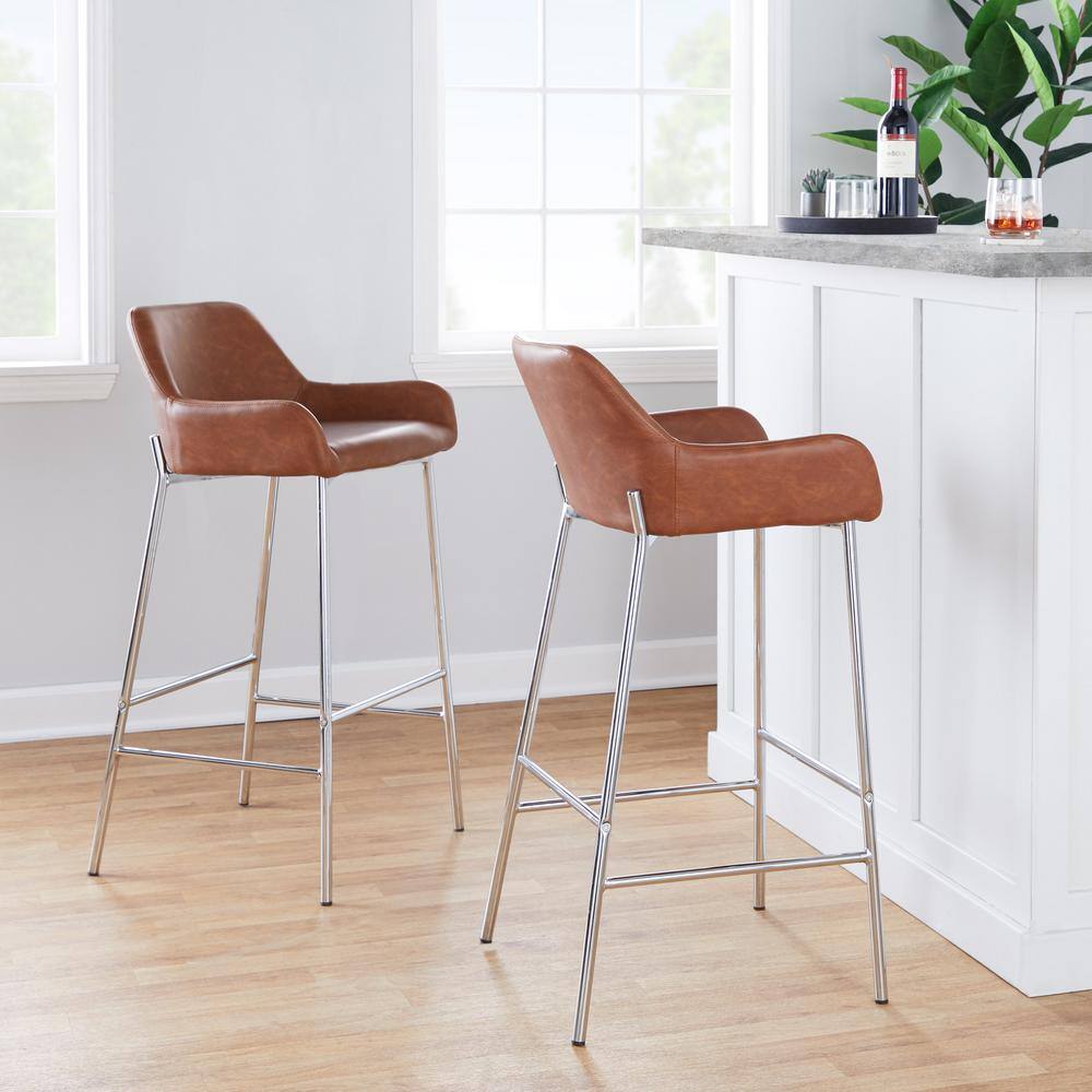 Set of 2 Camel Faux Leather and Metal Bar Stools