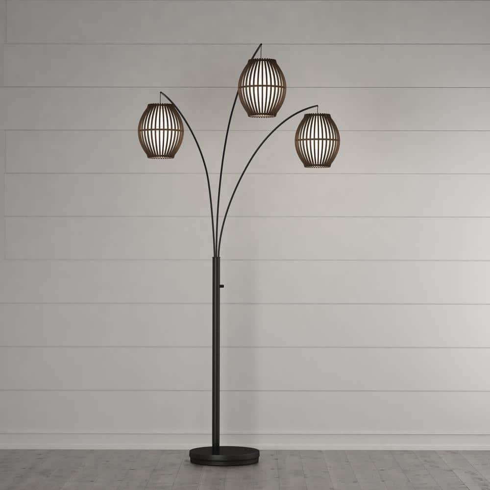 Antique Bronze Arc Floor Lamp with Bamboo Shades