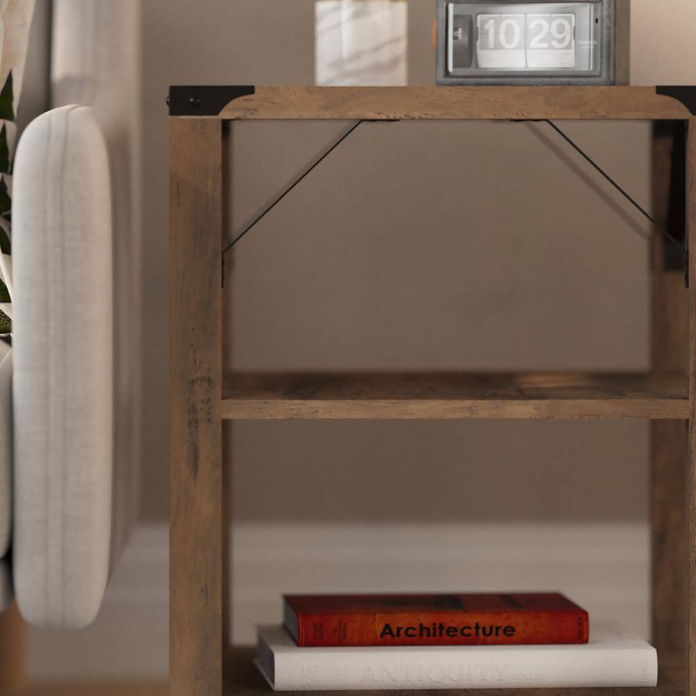 Rustic Oak and Metal 3-Tier Square End Table