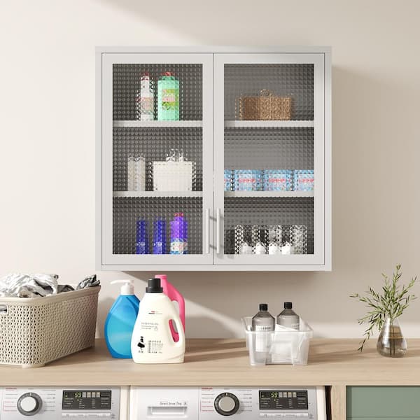 Bathroom Cabinet, Bathroom Storage Cabinet with 3 Shelves and Double Doors, Free-Standing, Bamboo, 27.6 x 11.8 x 47.2 In, Natural and White outlet