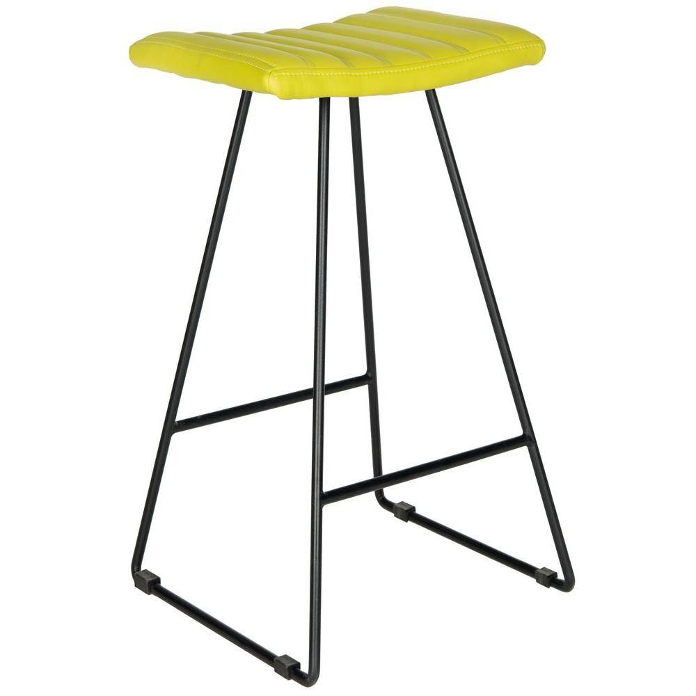 Citron Green Leather and Iron Backless Bar Stools, Set of 2