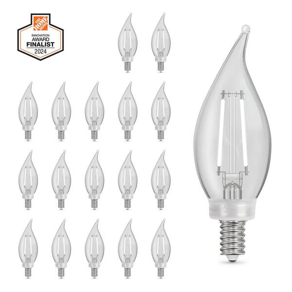 Feit Electric 60 Watt Equivalent BA10 Dim White Filament Clear Glass Chandelier E12 Candelabra LED Light Bulb Daylight 5000K 18 Pack